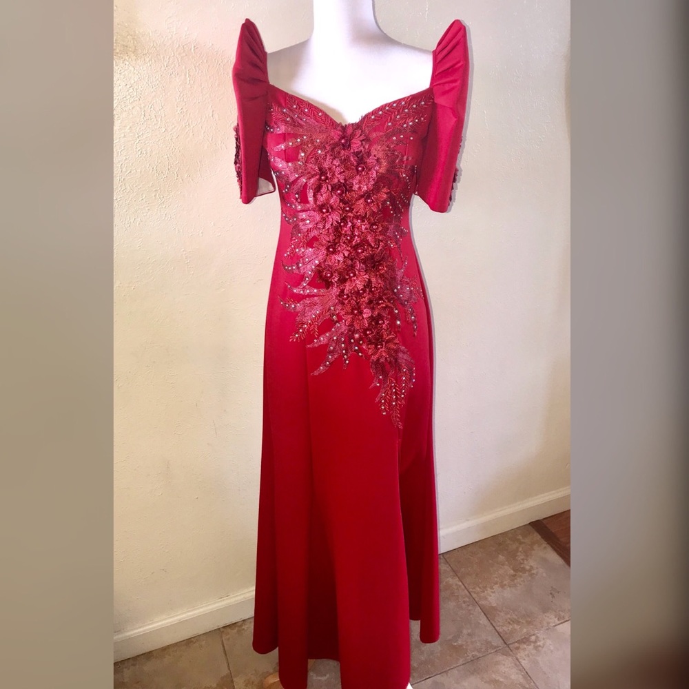 RED FILIPINIANA TERNO BUTTERFLY SLEEVE GOWN